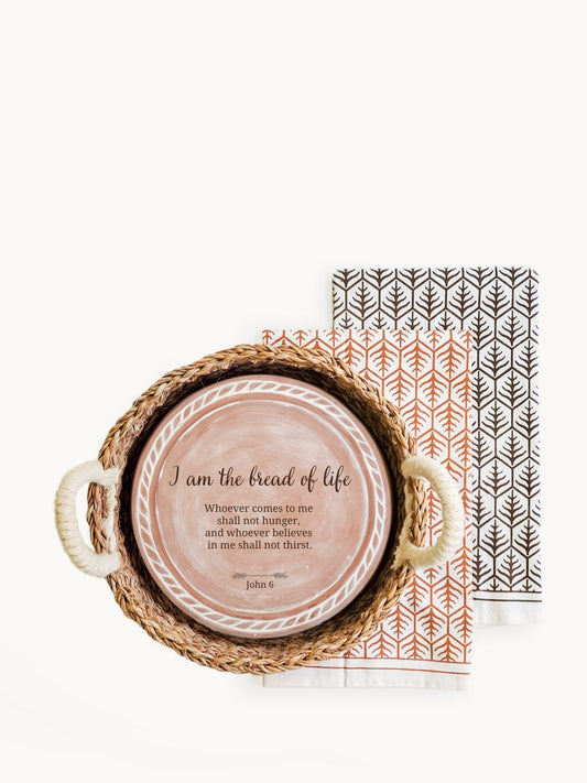 Personalized Bread Warmer & Basket Gift Set with Tea Towel - Bible Round